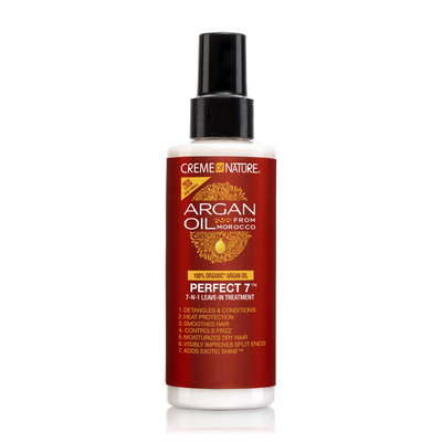 Creme of Nature Argan Oil Perfect 7 Leave-In Treatment for nourishment, shine, and heat protection.