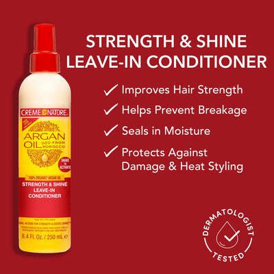 Product Benefits for Strength & Shine Leave-In Conditioner. Improves Hair Strength. Helps Prevent Breakage. Seals in Moisture. Protects Against Damage & Heat Styling.